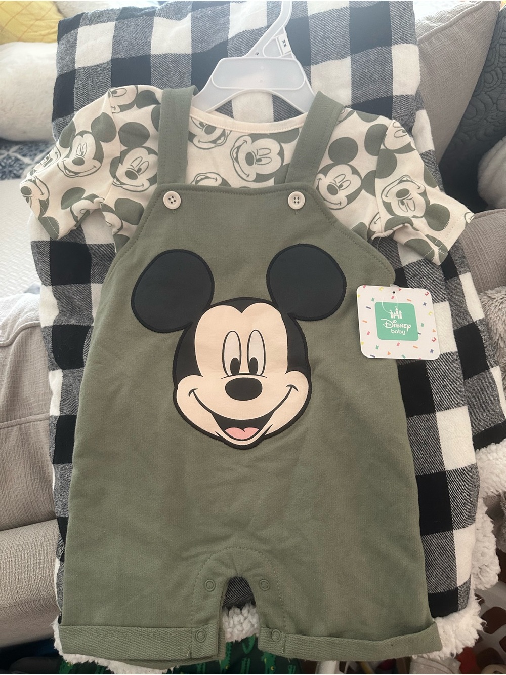 Disney Baby Mickey Mouse Olive Green Shortalls with Tee
